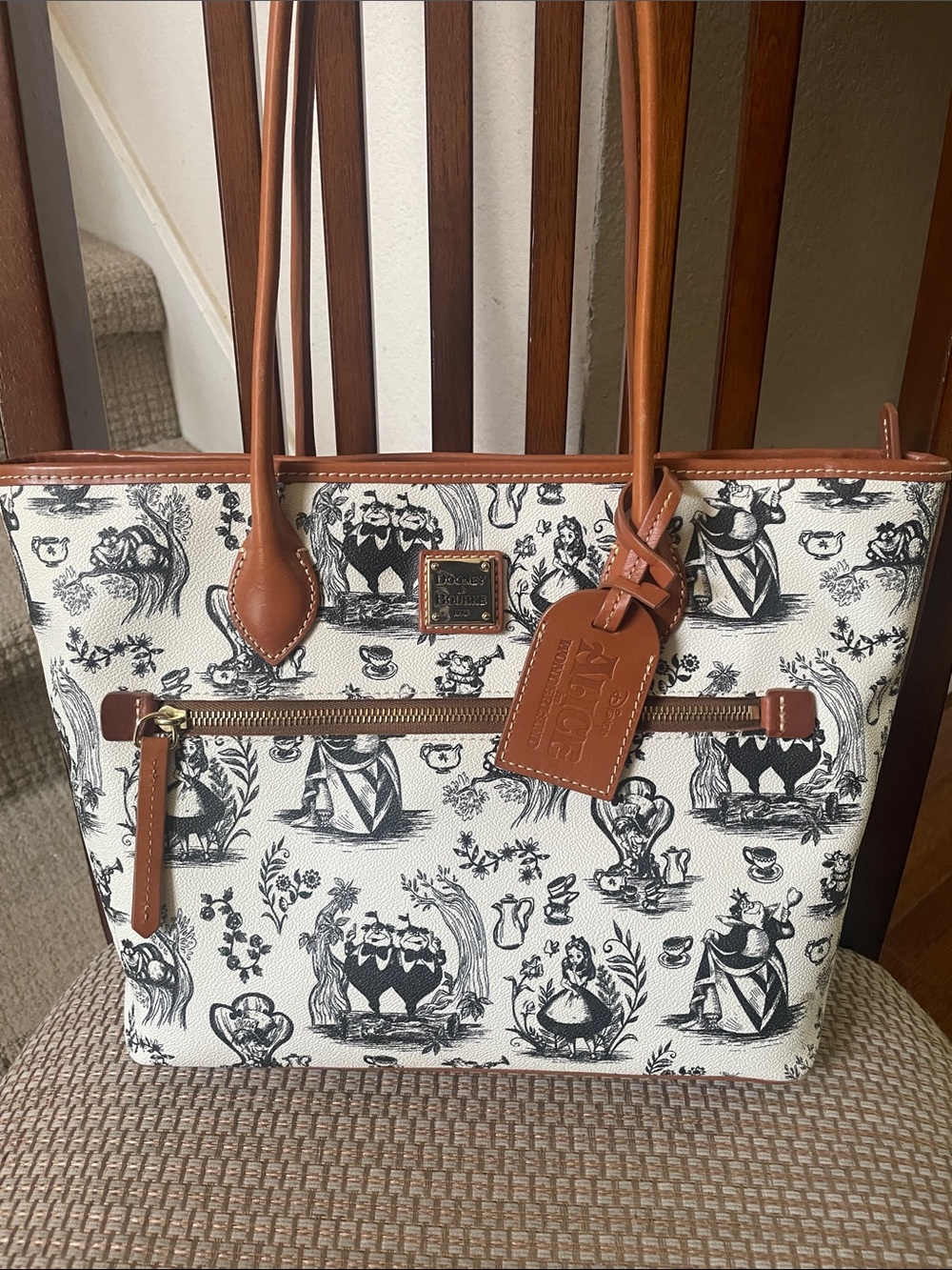 Disney Dooney & Bourke Alice in Wonderland Tote Bag with Brown Leather Trim